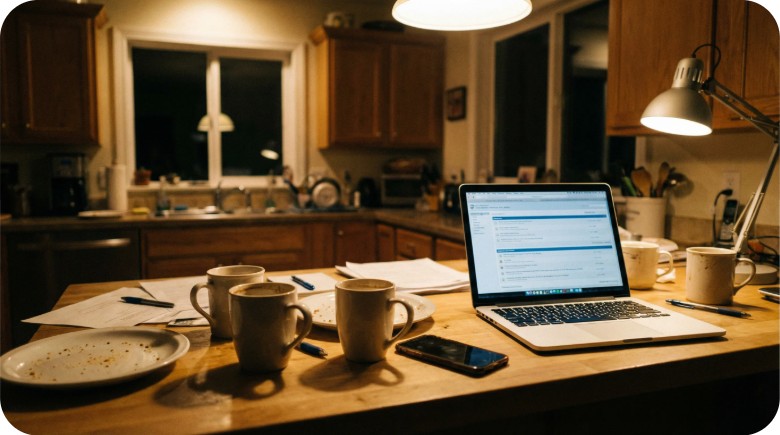 Recherches tard le soir à la table de la cuisine